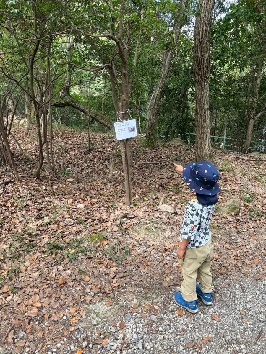 森の木の名札を指さす子ども